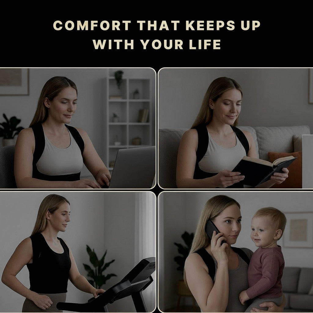 Woman multitasking in different scenarios with text 'Comfort that keeps up with your life'.