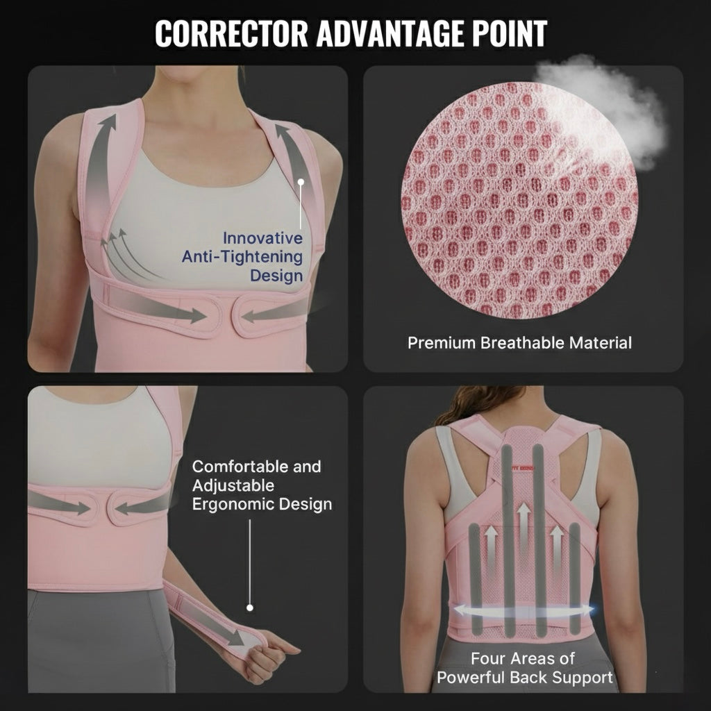 Collage of a back brace with text highlighting its features on a dark background.