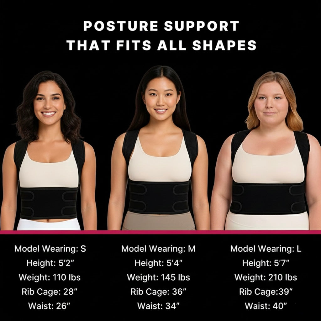 Three women wearing a posture support brace with size and measurement information below.