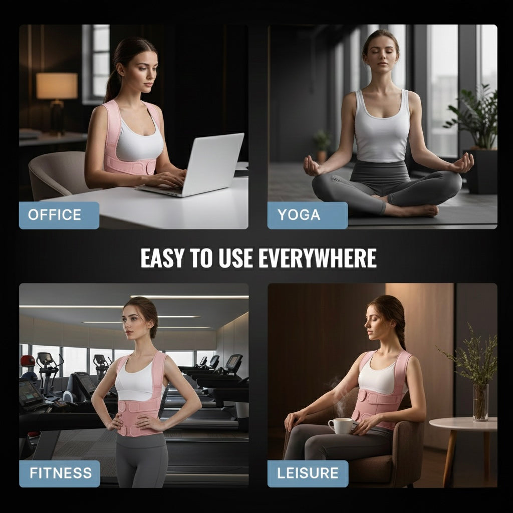 Woman using a device in various settings labeled 'Office', 'Yoga', 'Fitness', and 'Leisure'.