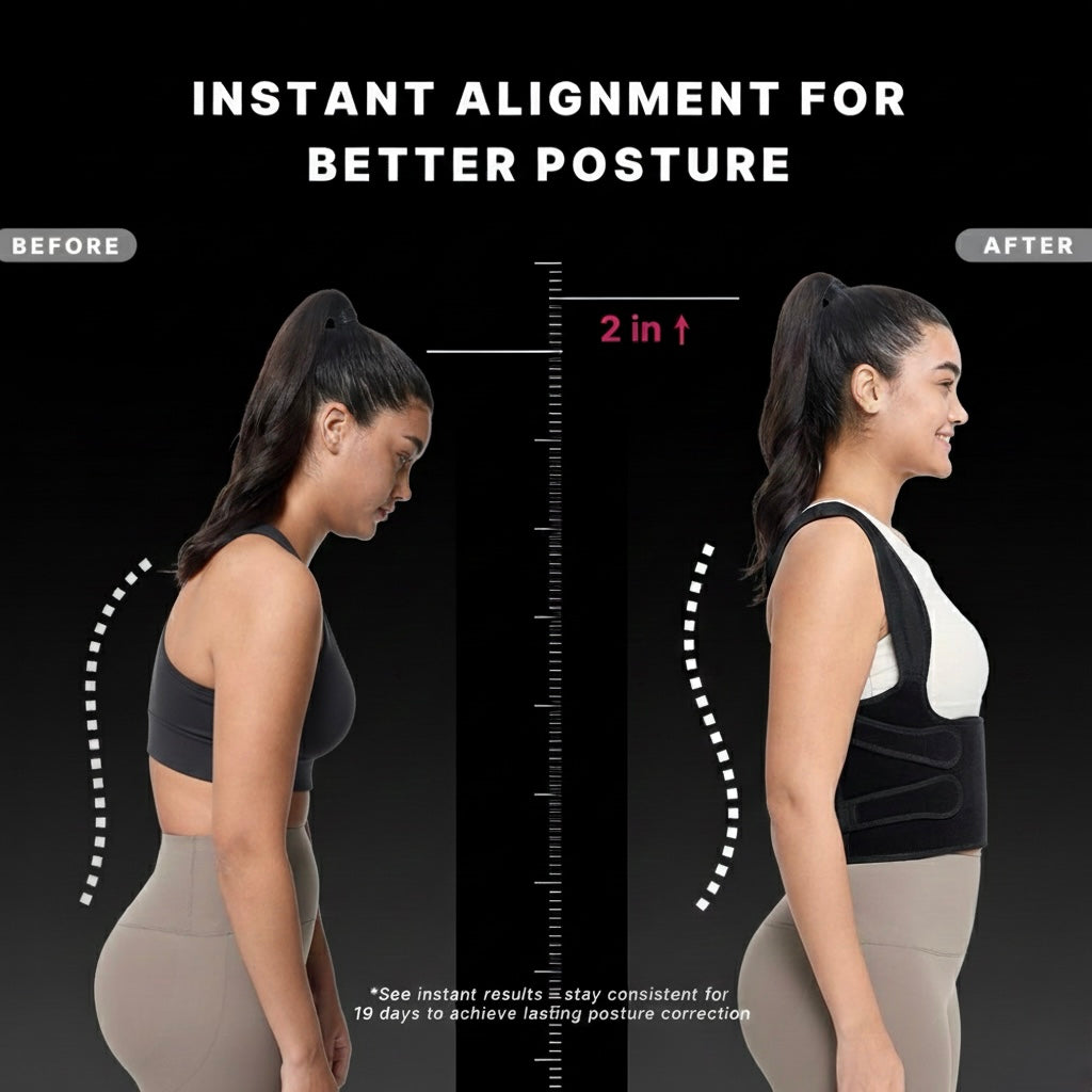 Before and after comparison of a woman wearing a posture corrector for better alignment.