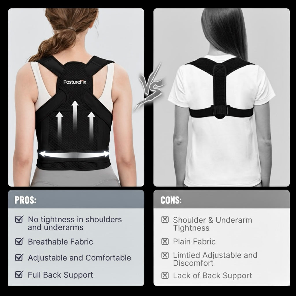 Posture correction device with pros and cons listed on a gray background