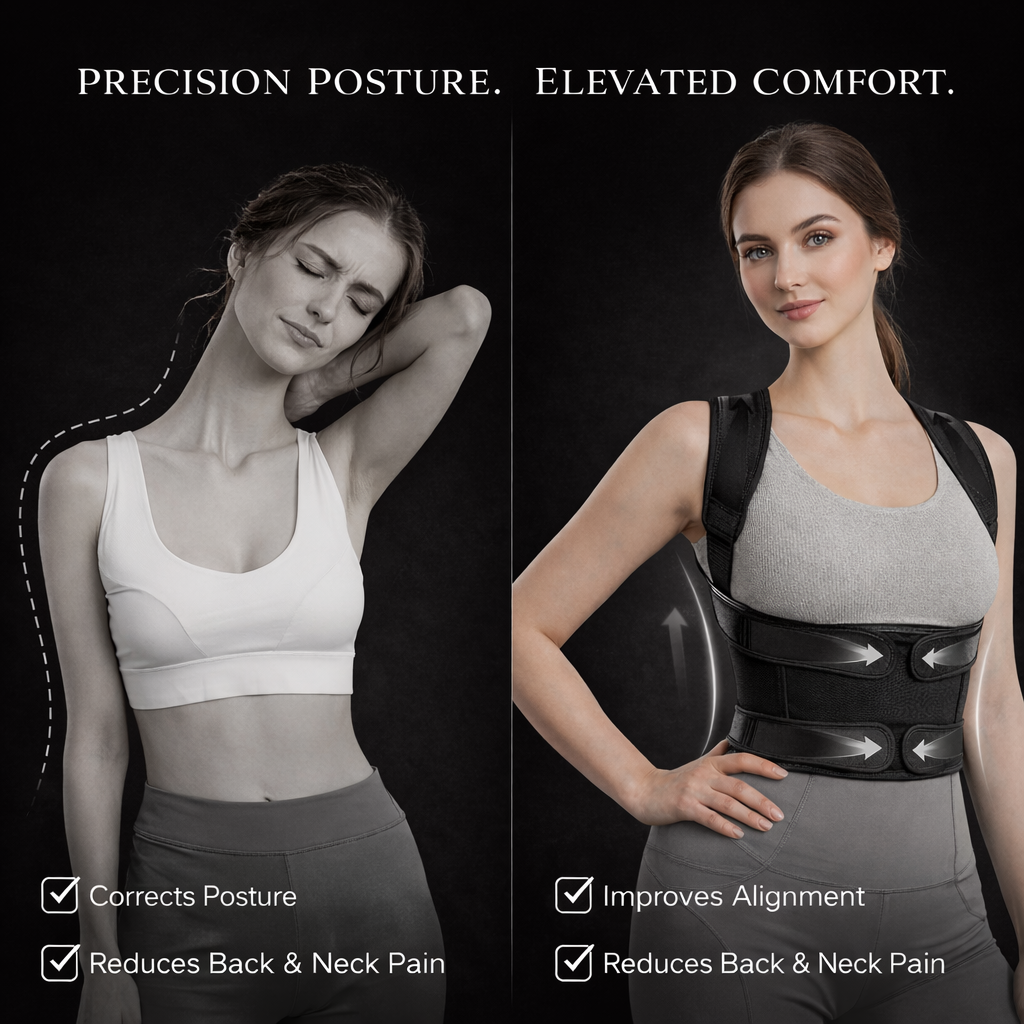 Woman wearing a back brace with text highlighting its benefits on a black background