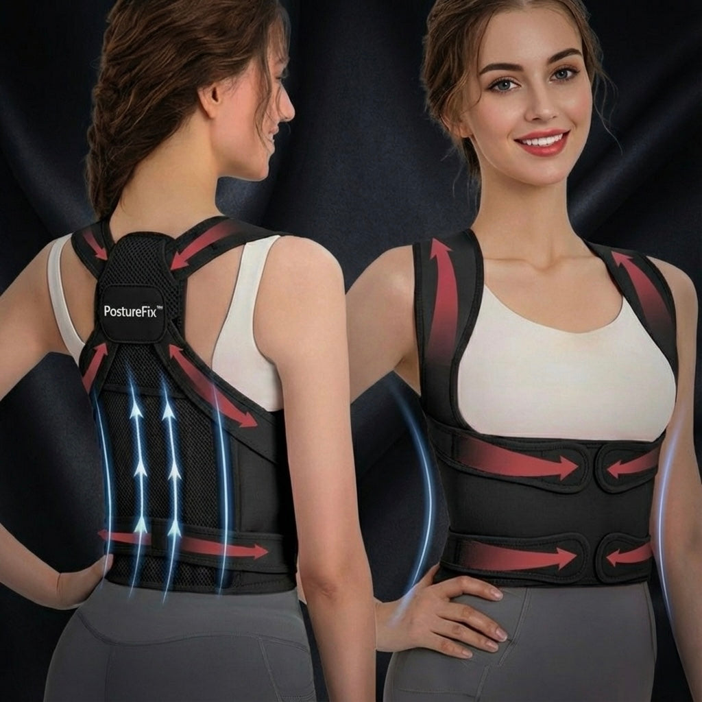 Woman wearing a black PostureFix posture corrector with visible PostureFix branding, shown from front and back.