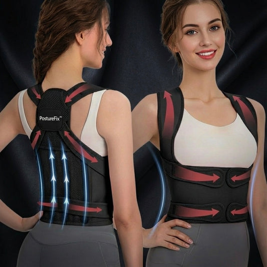 Woman wearing a black PostureFix posture corrector with visible PostureFix branding, shown from front and back.