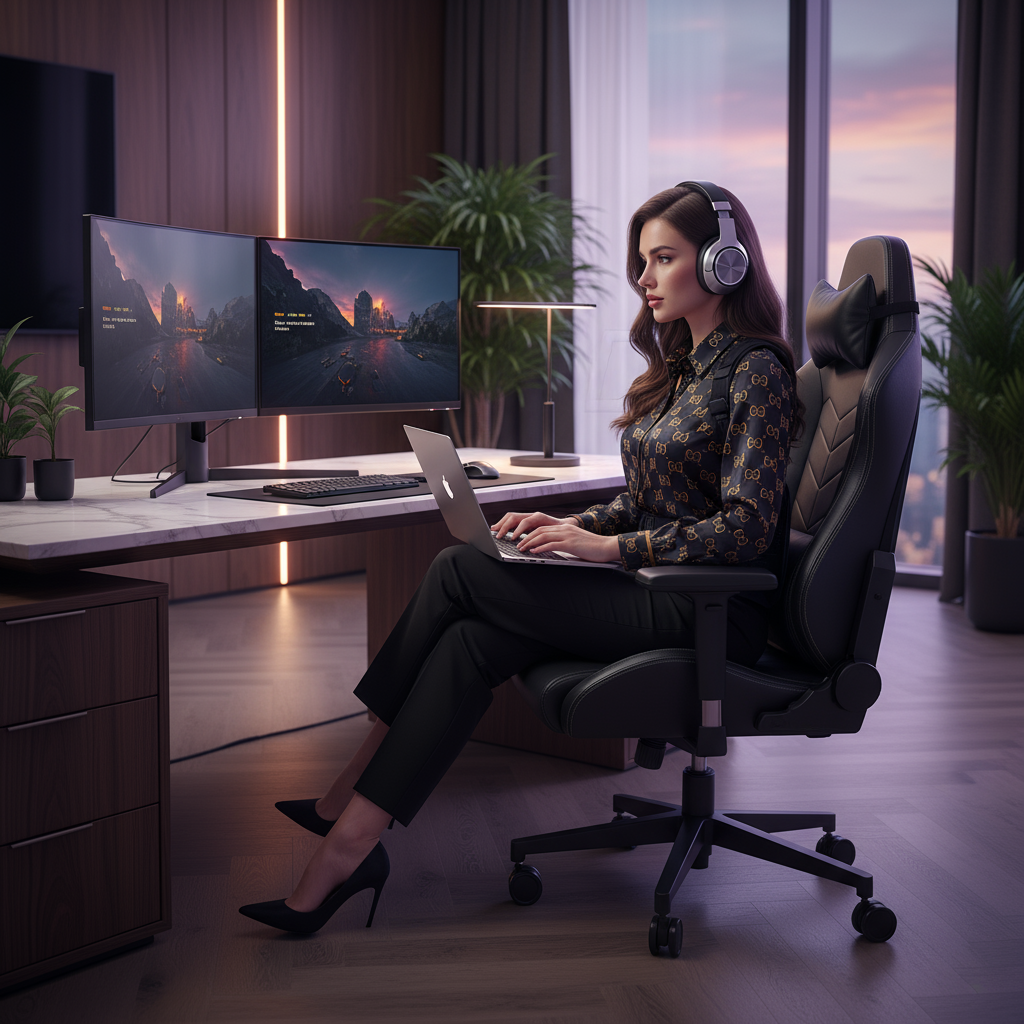 add a real model and background and the model is busy with her laptop and putting headset too in styles